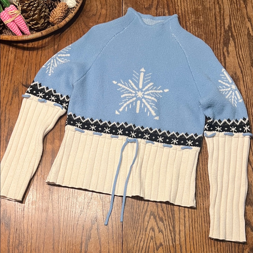 Metropolis Nordic  Blue and Cream Snowflake Turtleneck Sweater
